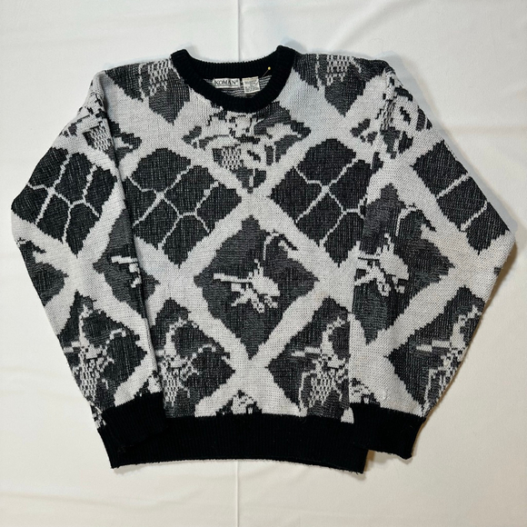 Women's KOMAN Black & White Patterned Crew Neck Sweater L - Picture 2 of 7